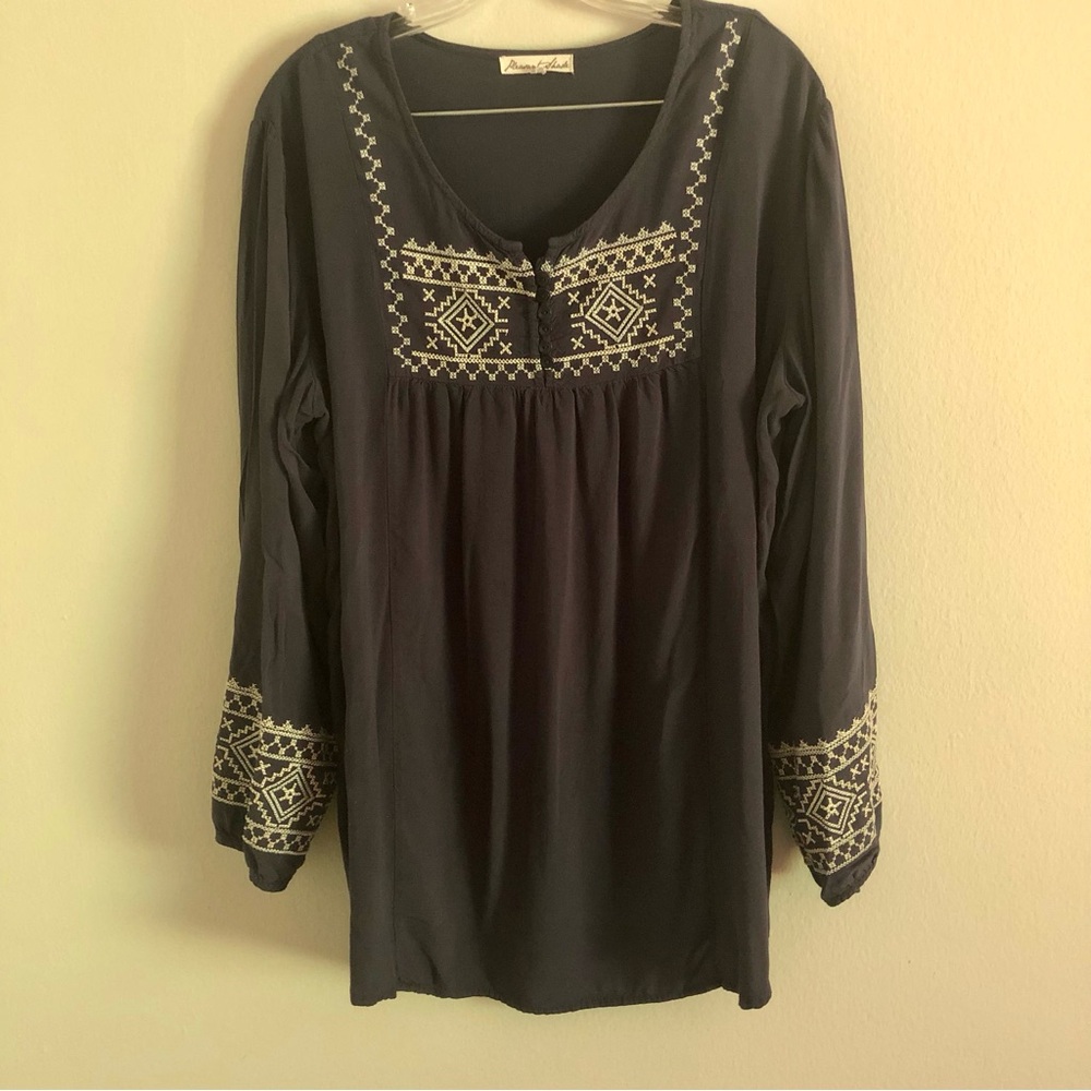 Vintage Pleasant Shade Plus Size Navy Blue Embroidered Peasant Blouse